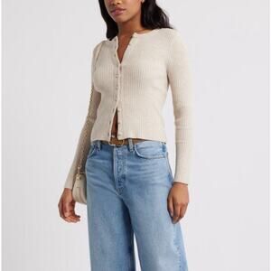 Active USA ribbed knit button down crew beige basic cardigan NWT sz M-L
